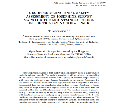 Georeferencing and quality assessment of Josephine survey maps for the mountainous region in the Triglav National Park