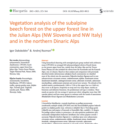 Vegetation analysis of the subalpine beech forest on the upper forest line in the Julian Alps (NW Slovenia and NW Italy) and in the northern Dinaric Alps