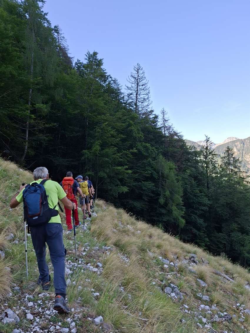 Fotografija prikazuje pohodnike na pohodu na planino Za skalo z vodnikom TNP.