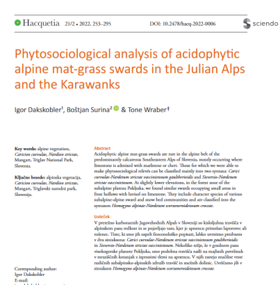 Phytosociological analysis of acidophytic alpine mat-grass swards in the Julian Alps and the Karawanks