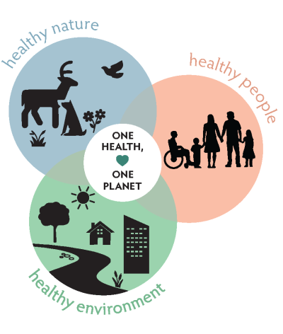 The image shows the One Health concept logo, which consists of three overlapping circles. One circle represents healthy nature, another circle represents healthy people, and the third circle represents a healthy environment. At the intersection of all thr
