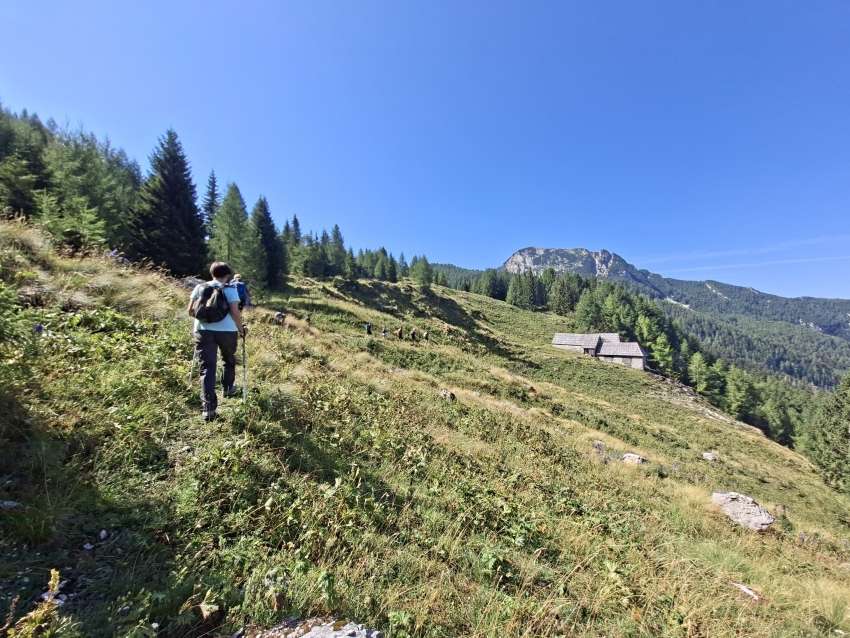 Fotografija prikazuje pohodnike na pohodu na planino Za skalo z vodnikom TNP.