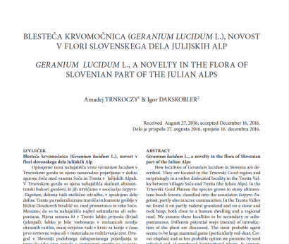 Blesteča krvomočnica (Geranium lucidum L.), novost v flori slovenskega dela Julijskih Alp
