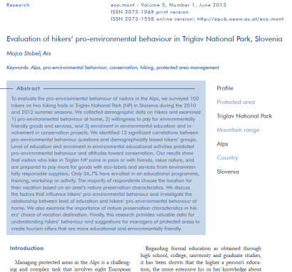 Evaluation of hikers’ pro-environmental behaviour in Triglav National Park, Slovenia