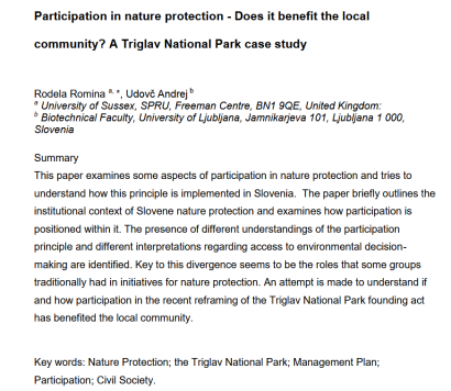 Participation in nature protection: Does it benefit the local community? A Triglav National Park case study
