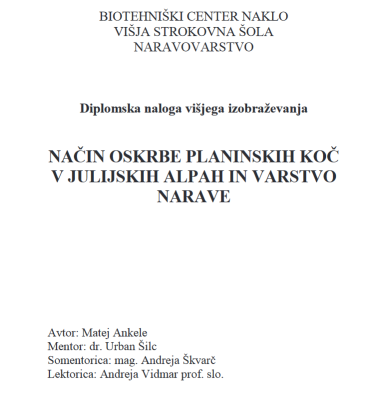 Način oskrbe planinskih koč v Julijskih Alpah in varstvo narave : diplomska naloga višjega strokovnega izobraževanja